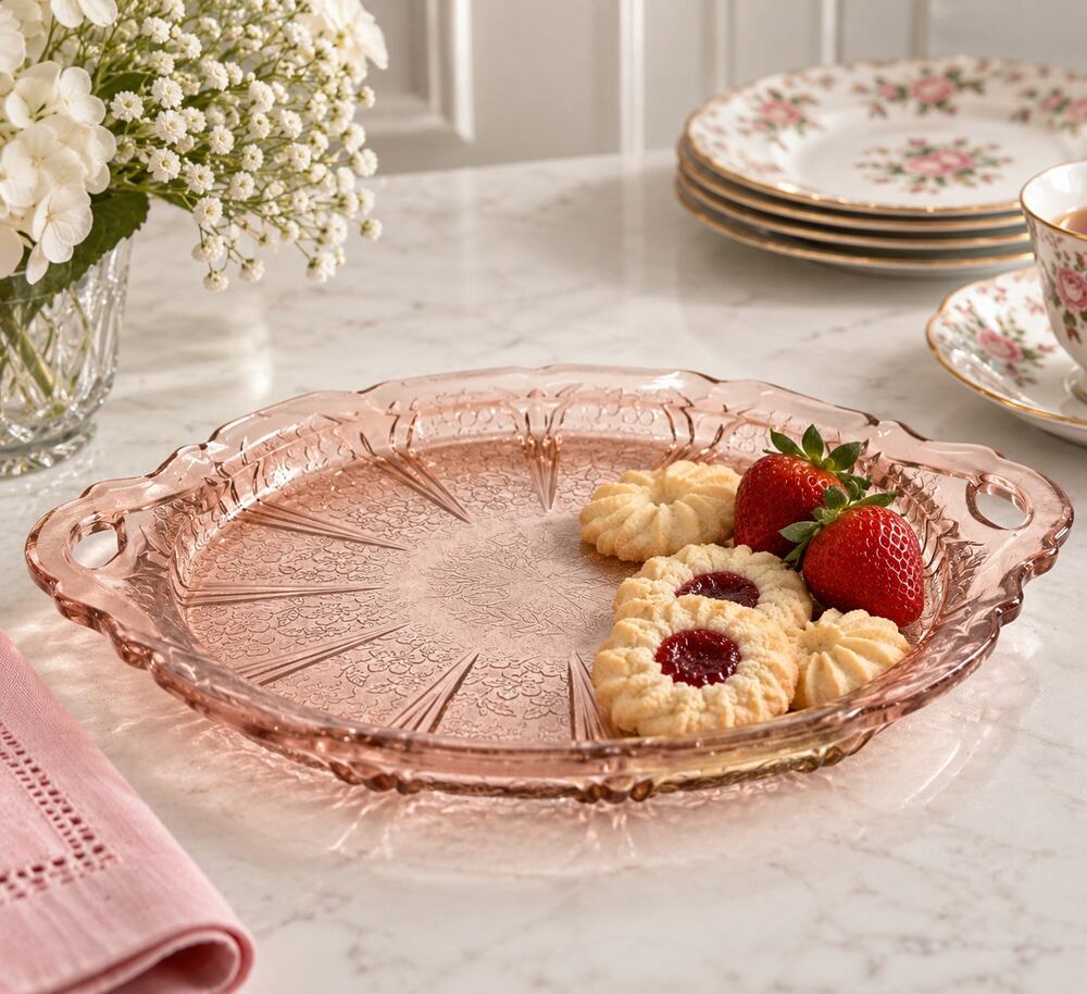 Jeannette Cherry Blossom Pink Depression Glass Handled Serving Plate Vintage 9"